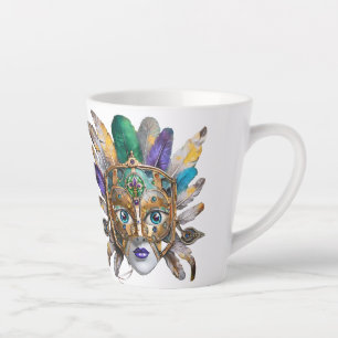 Caneca De Café Latte Mardi Gras Feather e Metal Mask