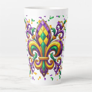 Caneca De Café Latte Mardi Gras fleur de lis, verde-púrpura