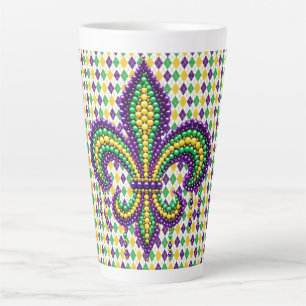 Caneca De Café Latte Mardi Gras fleur de lis, verde-púrpura