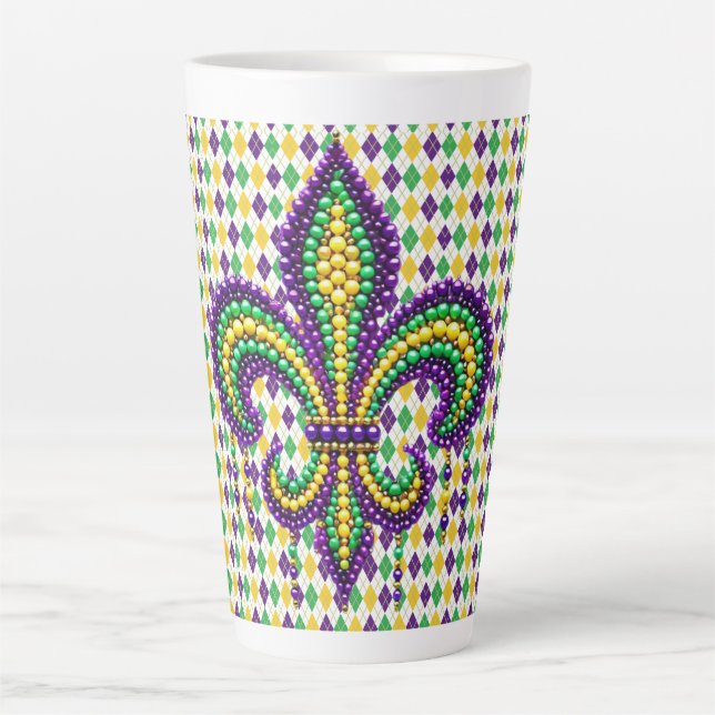 Caneca De Café Latte Mardi Gras fleur de lis, verde-púrpura (Frente)