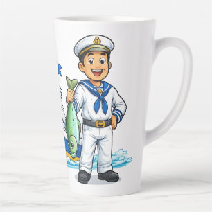 Caneca De Café Latte Marinheiro de Desenho Animado com Iate e Peixe Art