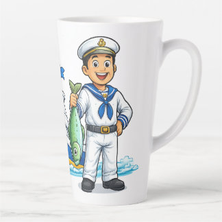Caneca De Café Latte Marinheiro de Desenho Animado com Iate e Peixe Art