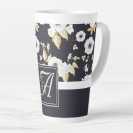 Caneca De Café Latte Marinho Azul Azul, Decoração Floral Branca Anêmona
