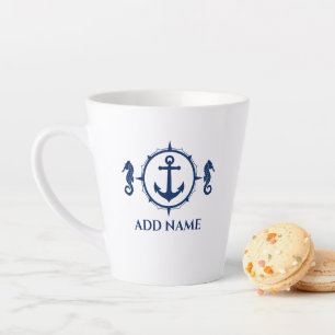 Caneca De Café Latte Marinho Azul Cavalo-marinho e Âncora Seu Nome 2 L