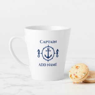 Caneca De Café Latte Marinho Azul, cavalo marinho e nome da âncora ou 