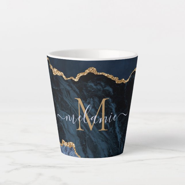 Caneca De Café Latte Marinho Azul Dourado Marble - Letra Personalizada  (Frente)