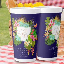 Caneca De Café Latte Marinho de Monograma de Jardim Tropical