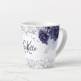 Caneca De Café Latte Marinho prateado azul floral elegante nome do mono