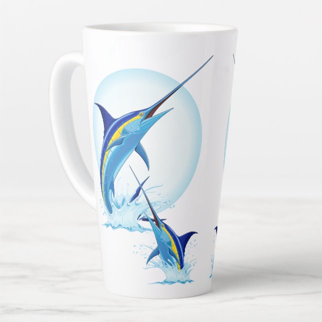 Caneca De Café Latte Marlin Azul Saltando do Oceano (Ângulo esquerdo)