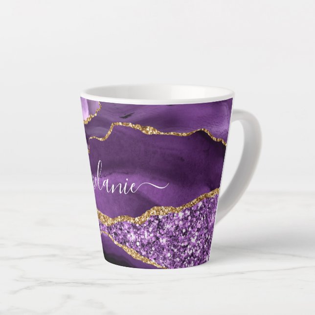 Caneca De Café Latte Mármaco Leve Dourado Roxo Nome Personalizado Latão (Ângulo direito)