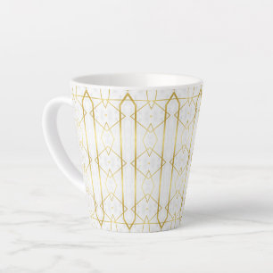 Caneca De Café Latte Mármore branco e padrão geométrico Dourado