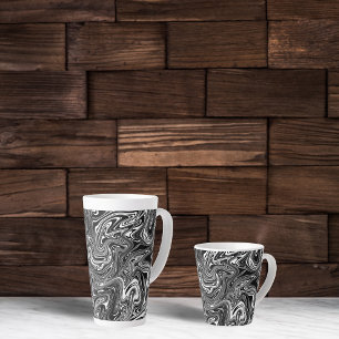 Caneca De Café Latte Mármore Líquido Preto e Branco Abstrato