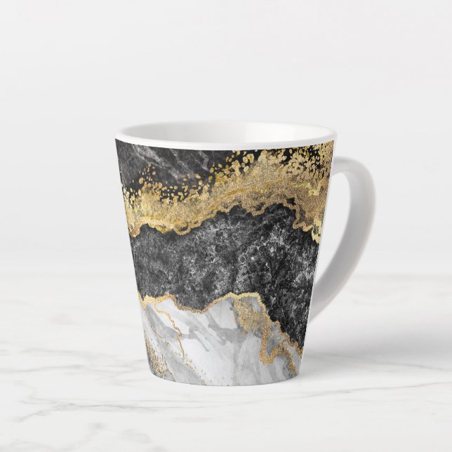 Caneca De Café Latte Mármore Negro com Bonito Dourado (Ângulo direito)