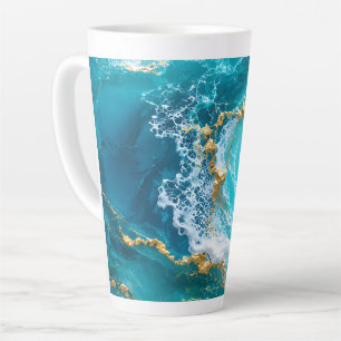 Caneca De Café Latte Mármore Oceano Turquesa de Luxo com Ondas de Folha