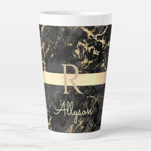 Caneca De Café Latte Mármore Preto e Dourado, Barra Dourada, Nome e Mon