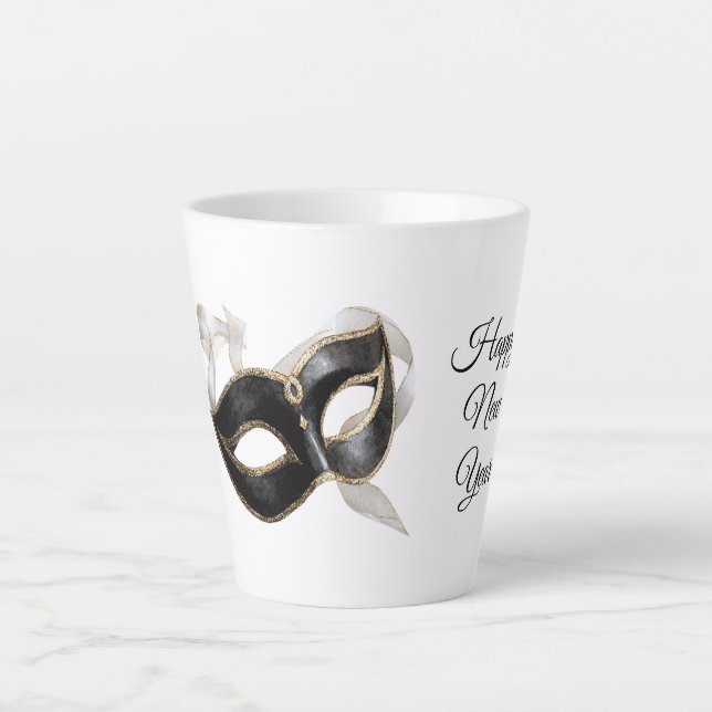 Caneca De Café Latte Máscara Preta de Ano Novo Prateada Dourada Glamour (Frente)