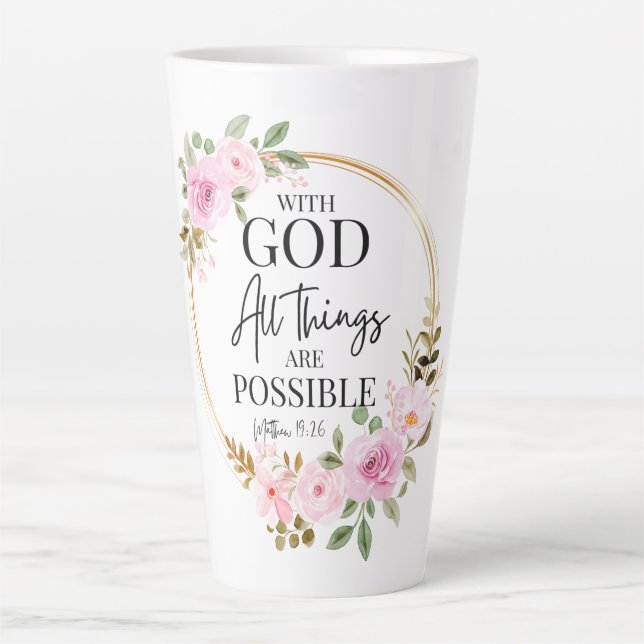Caneca De Café Latte Mateus 19:26 Possível com Deus Rosa Floral (Frente)