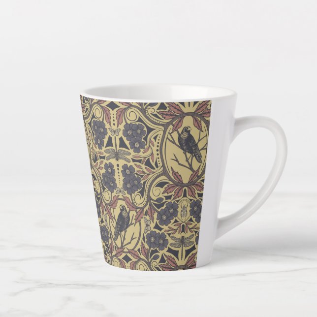 Caneca De Café Latte Mauve, Tan & Cinza Crow & Dragonfly Floral (Direita)