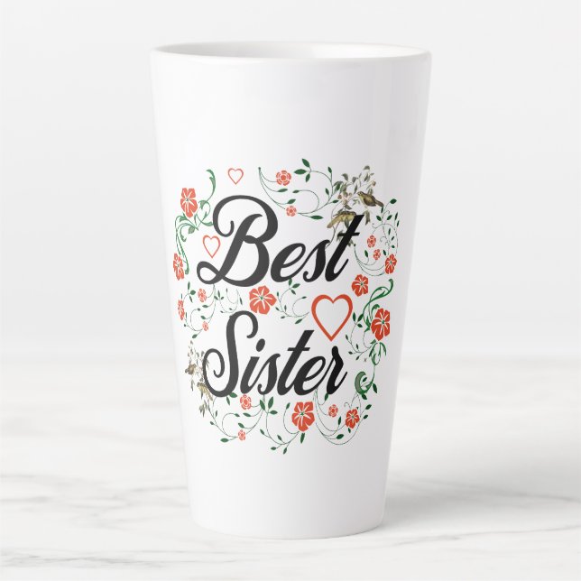 Caneca De Café Latte Melhor Irmã Elegante Design Floral (Frente)