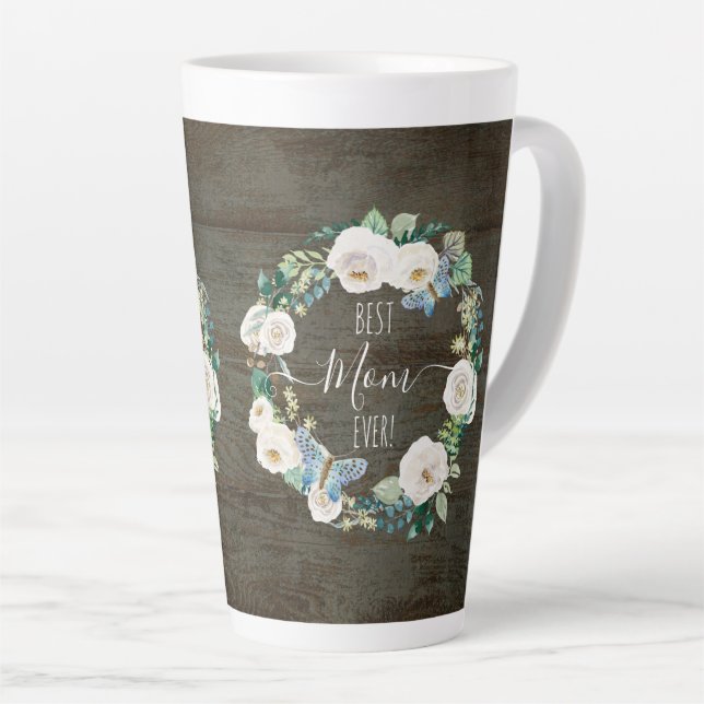 Caneca De Café Latte Melhor Mãe Alguma Vez Russa Madeira Floral Branca  (Ângulo direito)