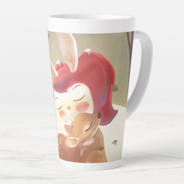 Caneca De Café Latte Menina Abraçando Veado (Ângulo direito)
