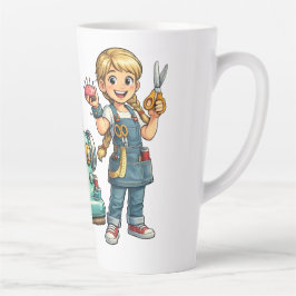 Caneca De Café Latte Menina Fofoqueira de Costura Cartoon com Máquina A