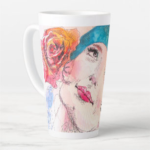 Caneca De Café Latte Menina Mulher Rosa Aquarela Aqua Boina Rosa Telefo