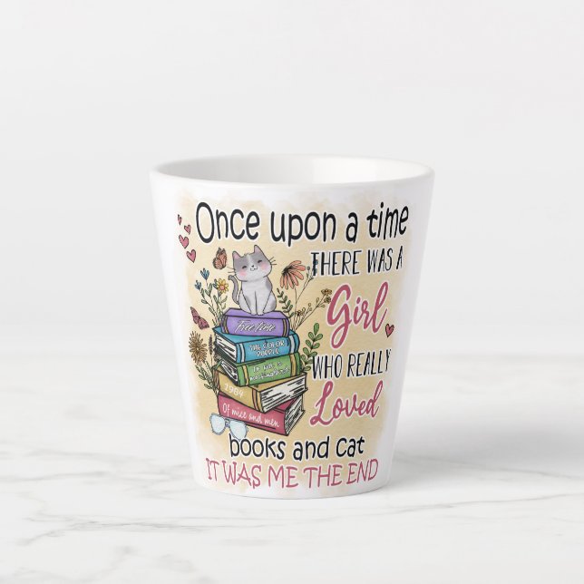 Caneca De Café Latte Menina que ama Livros e Gatos (Frente)