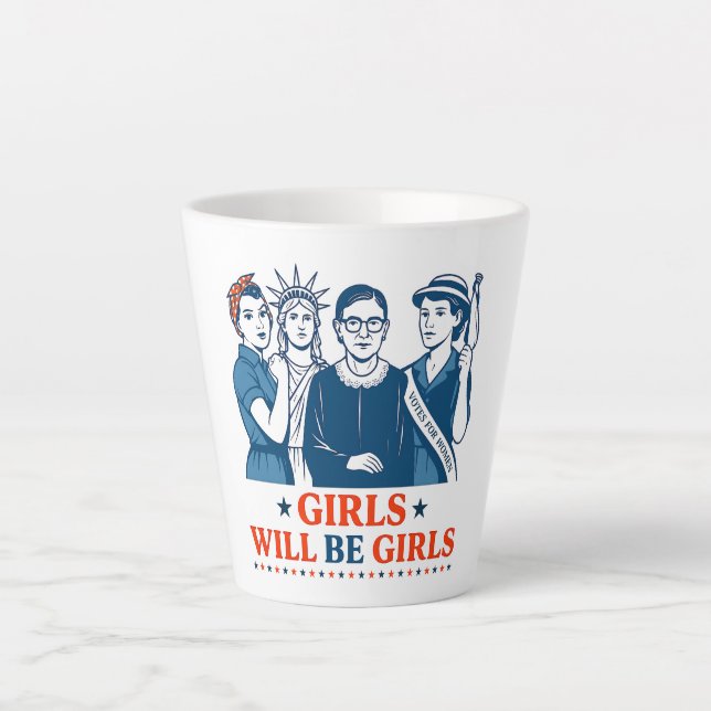 Caneca De Café Latte Meninas Serão Meninas Feministas Patrióticas 4 de  (Frente)