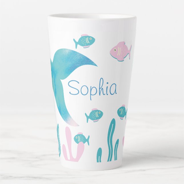 Caneca De Café Latte Mermaid Under the Sea Pastel Pink Blue  (Frente)