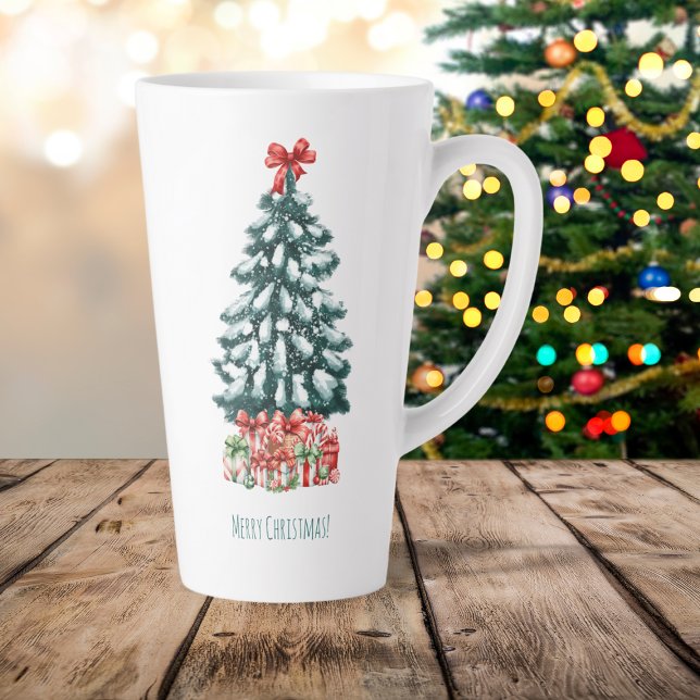Caneca De Café Latte Merry Christmas Snowy Pine Tree (Criador carregado)