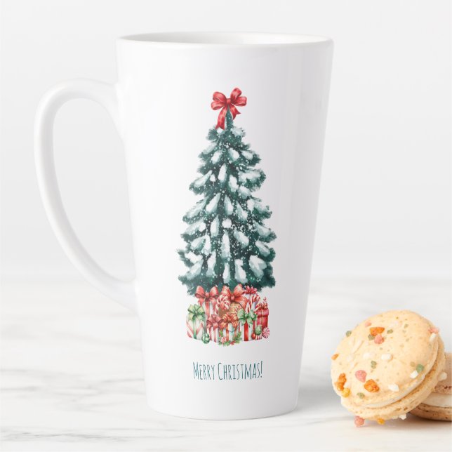 Caneca De Café Latte Merry Christmas Snowy Pine Tree (In Situ)