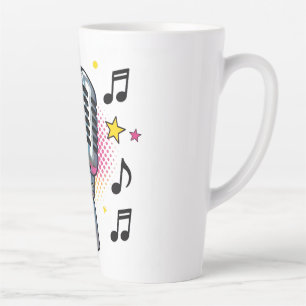 Caneca De Café Latte Microfone pop com estrelas coloridas e notas music