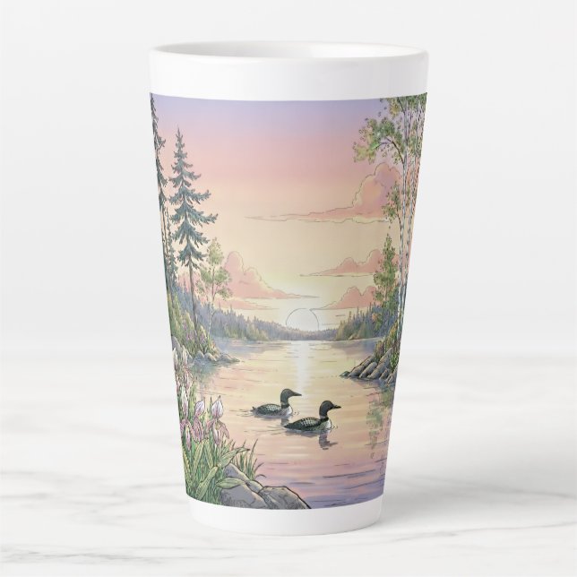 Caneca De Café Latte Minnesota Lake Sunset with Loons, Latte Mug (Frente)