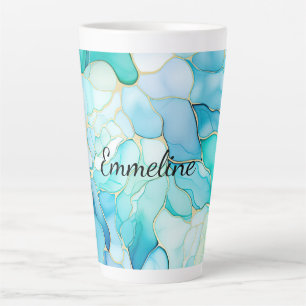 Caneca De Café Latte Mint Aqua Pearl Dourado Marble