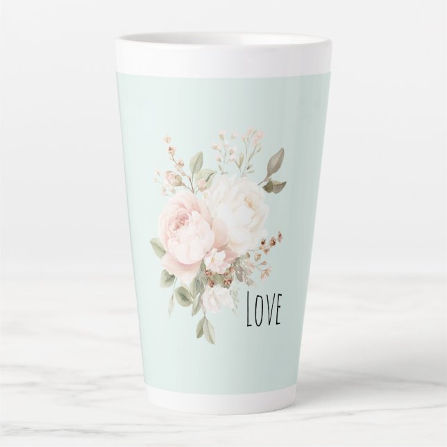 Caneca De Café Latte Mint Blush Pink White Rose Flowers (Frente)