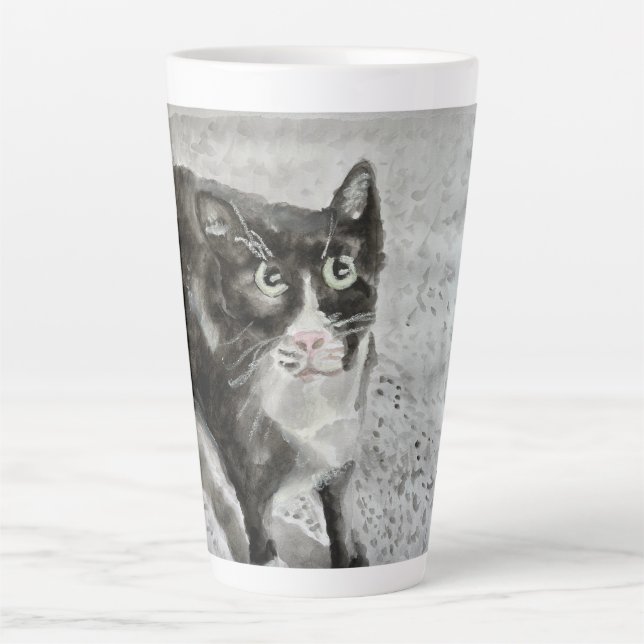 Caneca De Café Latte Mittens Black and White cat on lats mug (Gato pret (Frente)