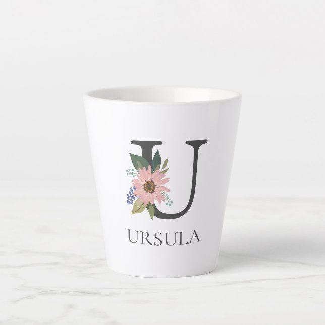 Caneca De Café Latte Modern Floral Customizable Monogrammed Letter U (Frente)