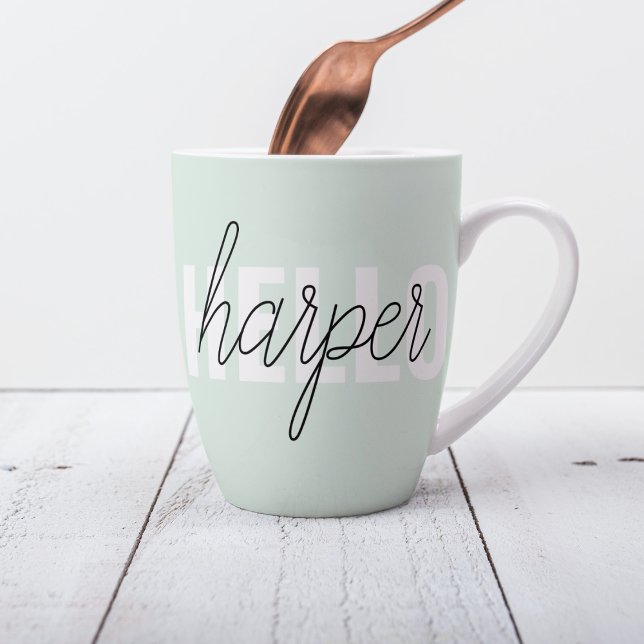 Caneca De Café Latte Modern Pastel Mint Hello E Você Nome (Criador carregado)