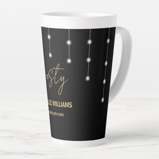 Caneca De Café Latte Modern Script Black And Gold Party (Ângulo direito)