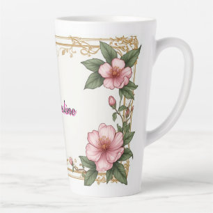 Caneca De Café Latte Moldura Dourada Vintage Com Peônia Colorida