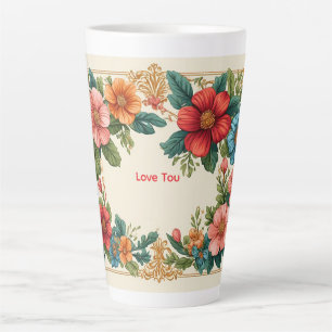 Caneca De Café Latte Moldura Floral Com Flores Coloridas