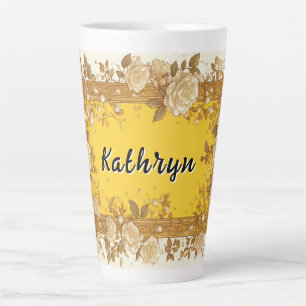 Caneca De Café Latte Moldura Floral Ornate Antiga Com Rosas Creme