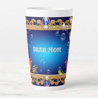 Caneca De Café Latte Moldura Ornata Elegante com Aves Vibrantes