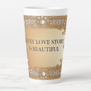 Caneca De Café Latte Moldura Pérola Dourada com Barroco Antigo
