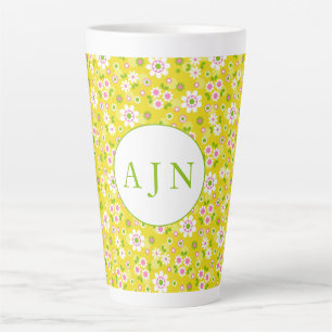 Caneca De Café Latte Monograma Amarelo e Branco das Flores de Mod Retro
