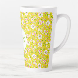 Caneca De Café Latte Monograma Amarelo e Branco das Flores de Mod Retro