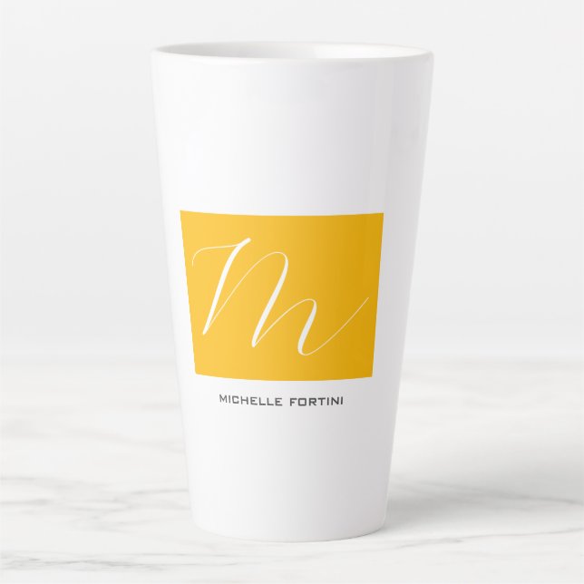 Caneca De Café Latte Monograma Atrativo Amarelo Branco Moderno Plana (Frente)