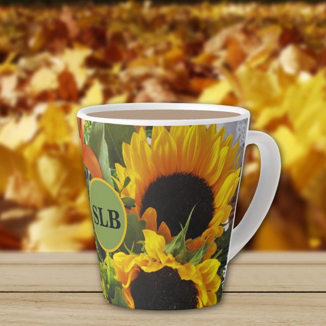 Caneca De Café Latte Monograma Autumn Sunflower Foto Impressão 12oz (Criador carregado)