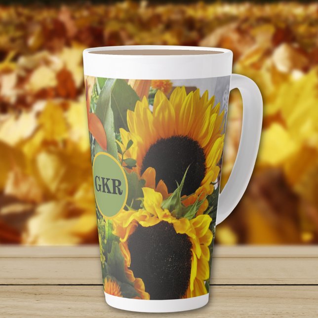 Caneca De Café Latte Monograma Autumn Sunflower Foto Impressão 17oz (Criador carregado)